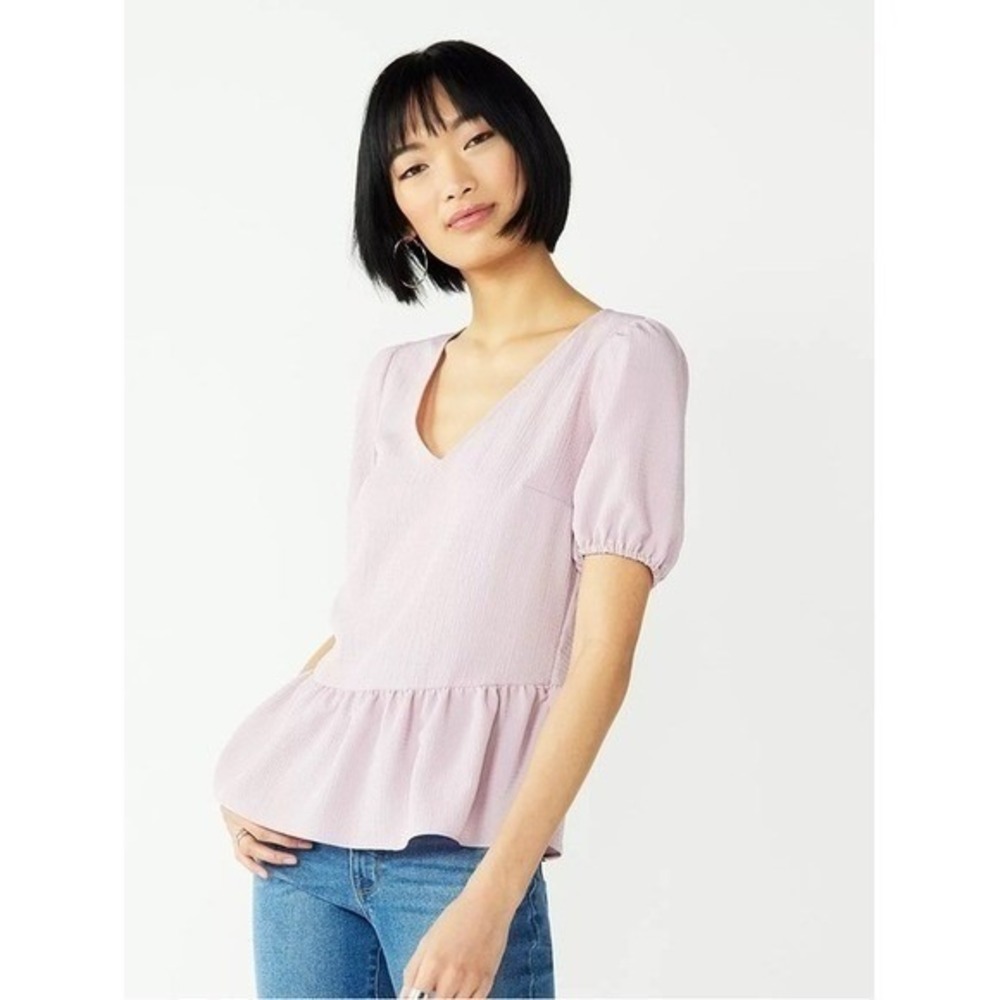 Nine West Textured V-Neck Peplum Blouse Puff Sleeve Top Large